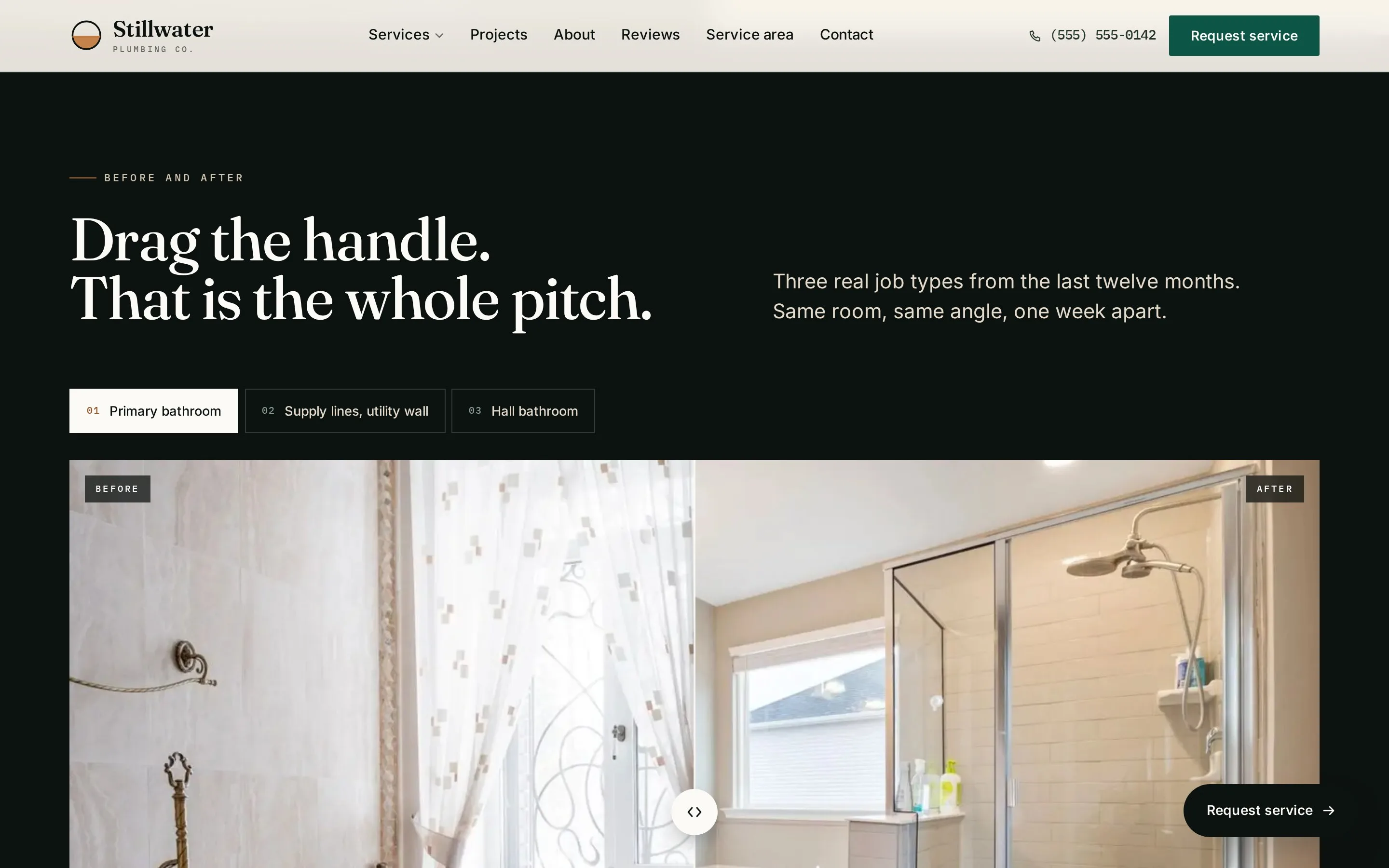 The before / after slider — three real job types, dragged with a thumb