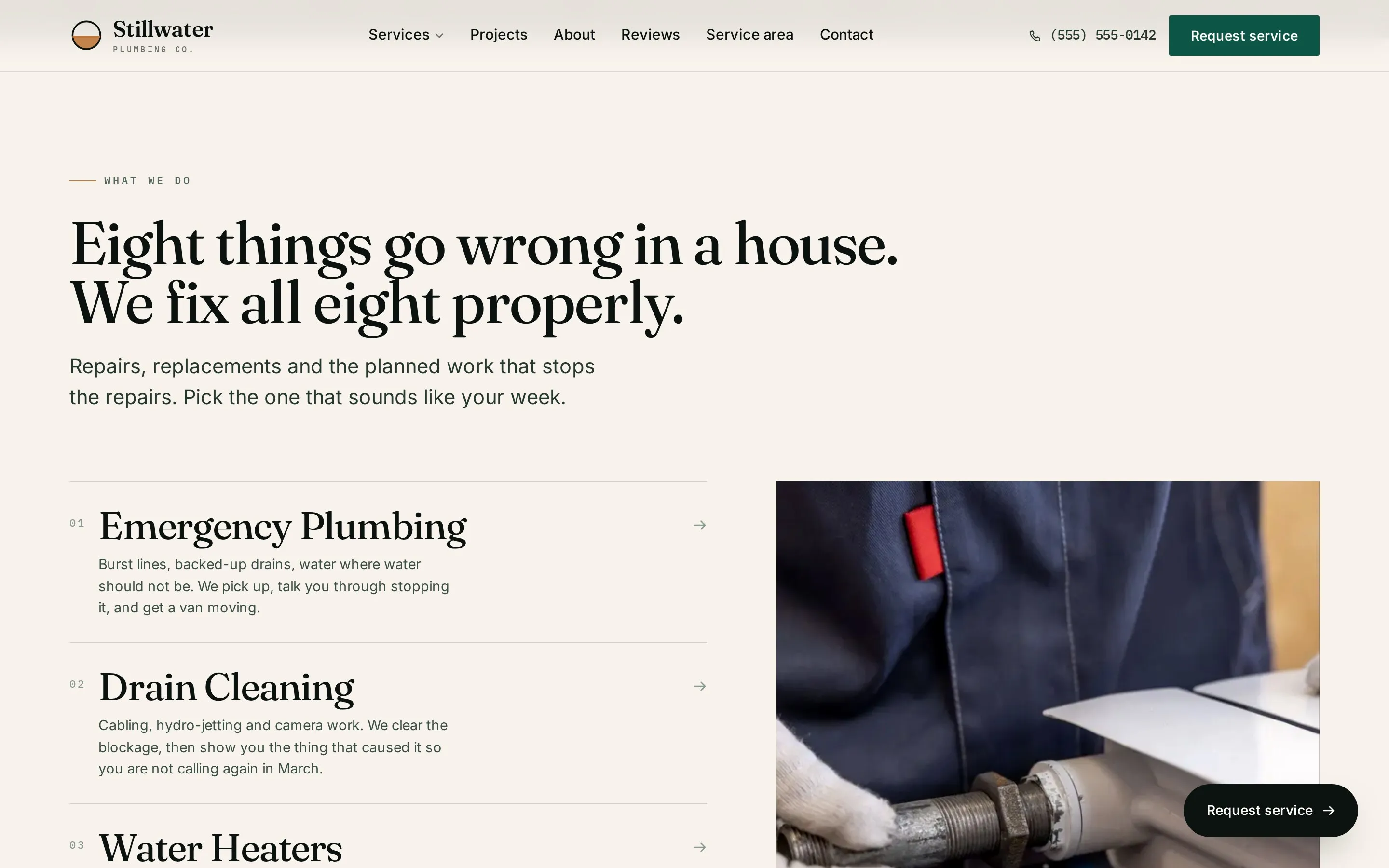 The service index — eight services, one photograph that follows the scroll
