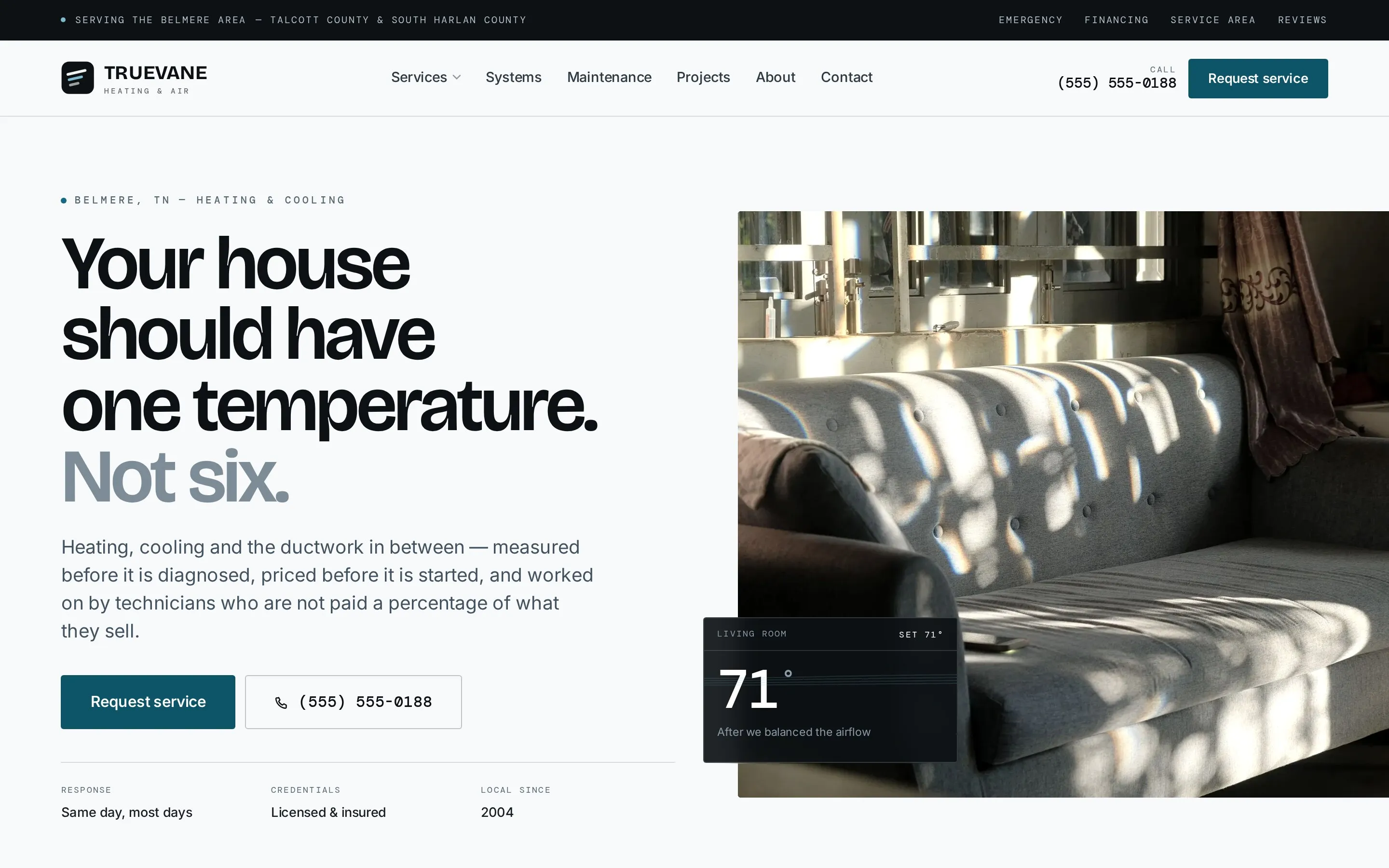 Truevane Heating & Air — homepage, desktop
