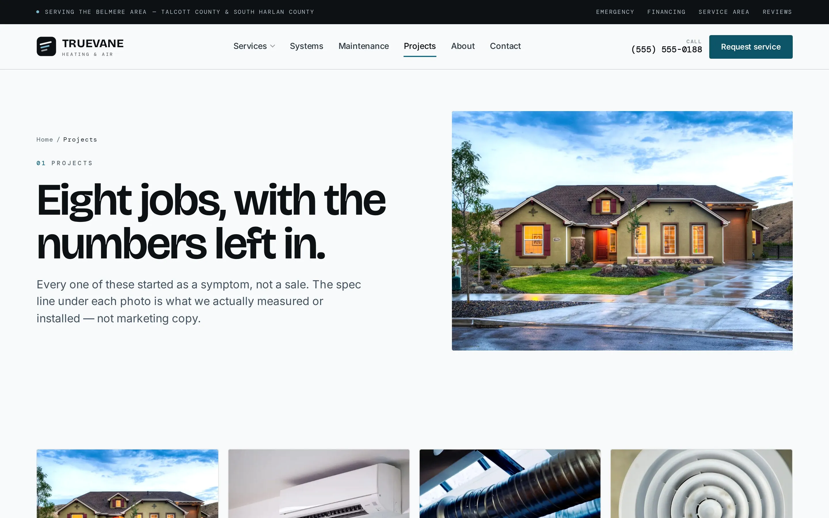 Truevane Heating & Air — projects page, desktop