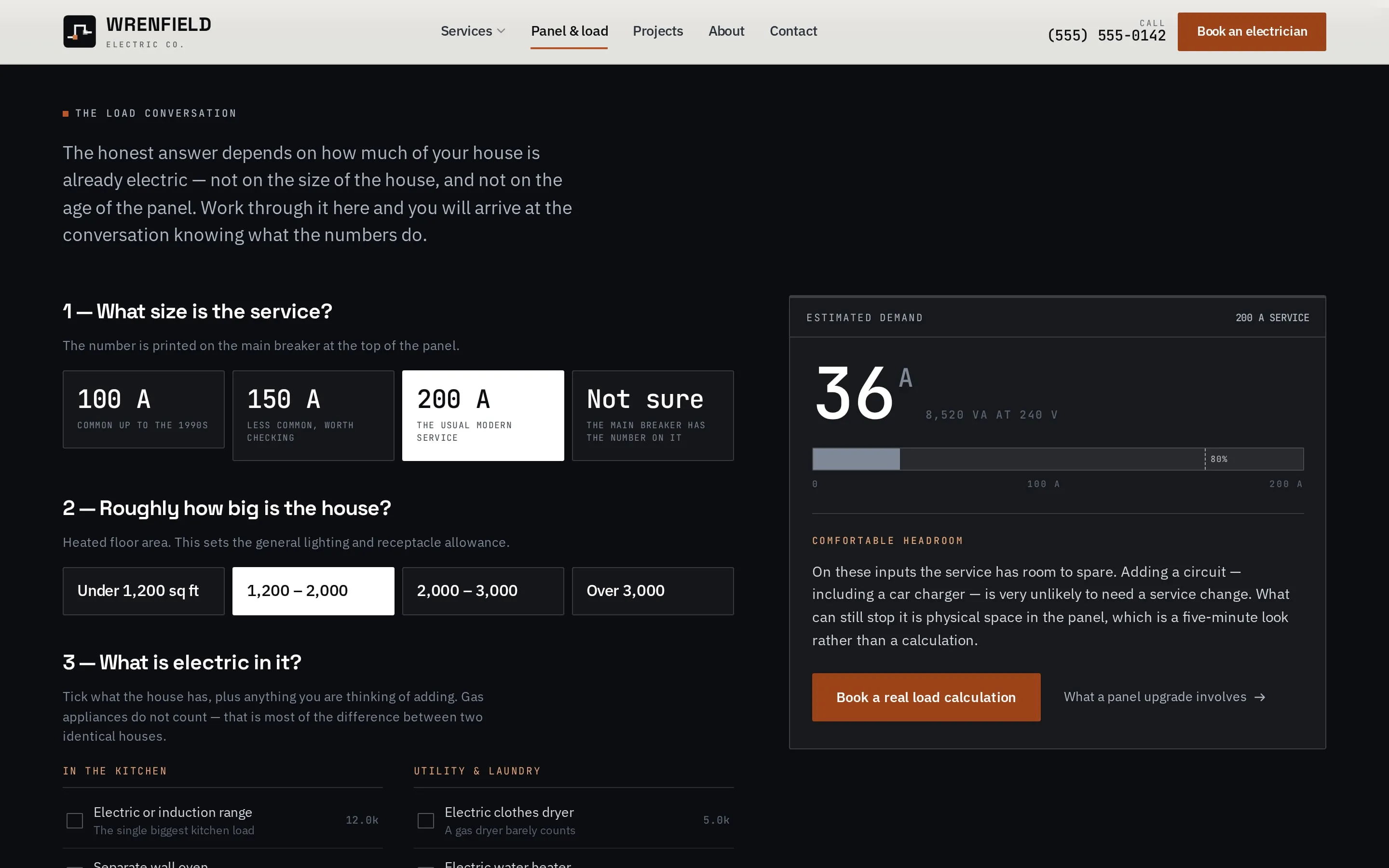 The load estimator — service size against what is already electric, with the 80% line marked